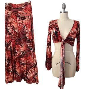 Zarek Women's Cropped Tie Top Skorts Size S Orange Black Tropical 2 Piece